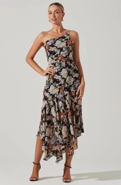 Emmylou Floral One Shoulder Midi Dress -Chic Outfit Shop ADR101528 BLACKFLORAL 2
