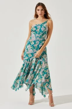 Emmylou Floral One Shoulder Midi Dress -Chic Outfit Shop ADR101528 GREENPURPLEFLORAL 2