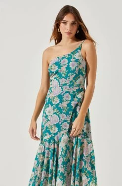 Emmylou Floral One Shoulder Midi Dress -Chic Outfit Shop ADR101528 GREENPURPLEFLORAL 3