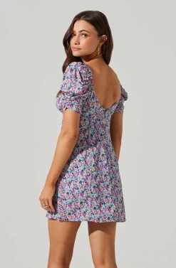 Floral Square Neck Puff Sleeve Mini Dress -Chic Outfit Shop ADR101546 BLUEFUCHSIAFLORAL 3