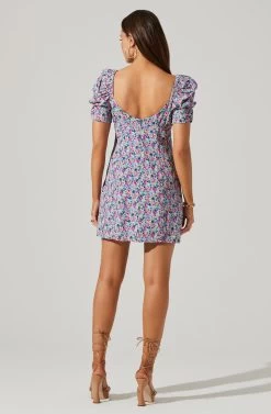 Floral Square Neck Puff Sleeve Mini Dress -Chic Outfit Shop ADR101546 BLUEFUCHSIAFLORAL 4