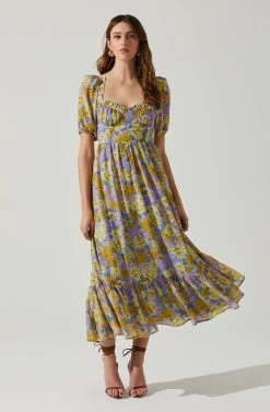 Floral Sweetheart Neck Midi Dress -Chic Outfit Shop ADR101552 GOLDPURPLEFLORAL 1
