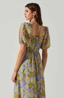 Floral Sweetheart Neck Midi Dress -Chic Outfit Shop ADR101552 GOLDPURPLEFLORAL 5