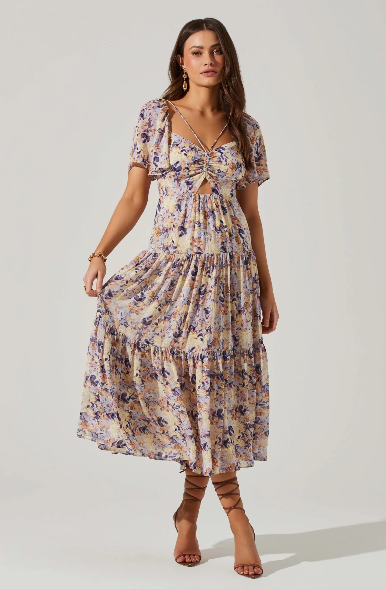 Floral Cinched Bust Cutout Center Midi Dress 3 Floral Cinched Bust Cutout Center Midi Dress