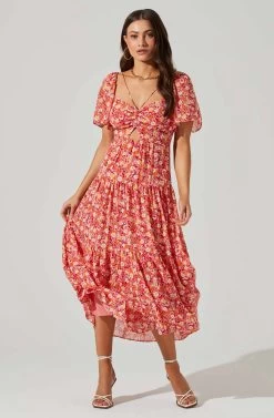 Floral Cinched Bust Cutout Center Midi Dress 19 Floral Cinched Bust Cutout Center Midi Dress -Chic Outfit Shop ADR101632 REDMULTIFRL 1