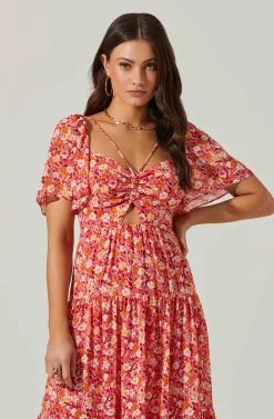 Floral Cinched Bust Cutout Center Midi Dress 20 Floral Cinched Bust Cutout Center Midi Dress -Chic Outfit Shop ADR101632 REDMULTIFRL 3