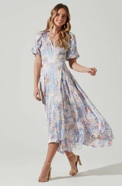 Satin Floral Bubble Sleeve Wrap Midi Dress 16 Satin Floral Bubble Sleeve Wrap Midi Dress -Chic Outfit Shop ADR101664 BLUEMULTIFLORAL 1