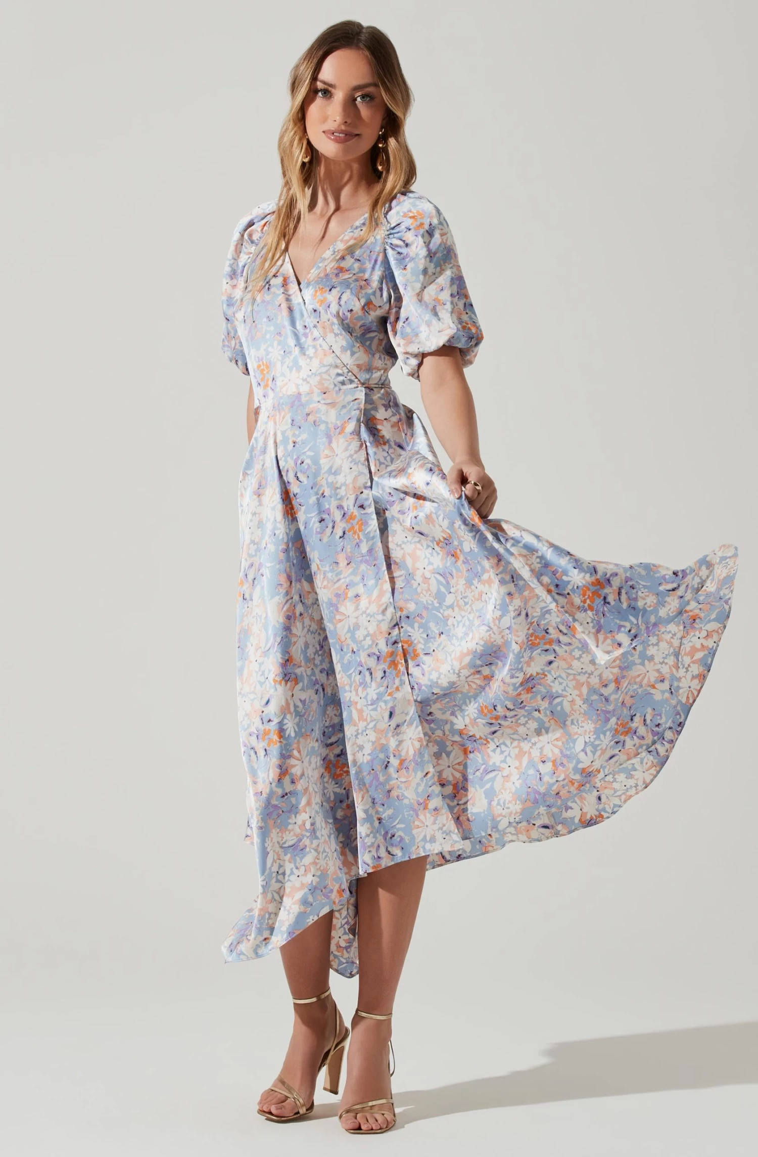 Satin Floral Bubble Sleeve Wrap Midi Dress 3 Satin Floral Bubble Sleeve Wrap Midi Dress