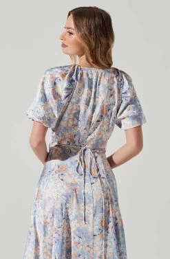 Satin Floral Bubble Sleeve Wrap Midi Dress 18 Satin Floral Bubble Sleeve Wrap Midi Dress -Chic Outfit Shop ADR101664 BLUEMULTIFLORAL 5
