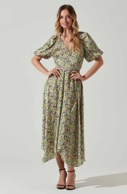 Satin Floral Bubble Sleeve Wrap Midi Dress 22 Satin Floral Bubble Sleeve Wrap Midi Dress -Chic Outfit Shop ADR101664 PINKGREENMULTI 1