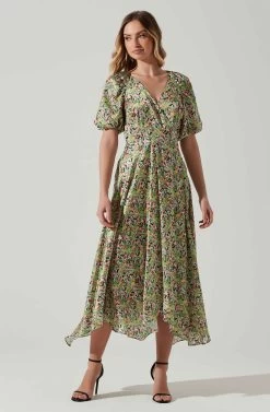 Satin Floral Bubble Sleeve Wrap Midi Dress 20 Satin Floral Bubble Sleeve Wrap Midi Dress -Chic Outfit Shop ADR101664 PINKGREENMULTI 2
