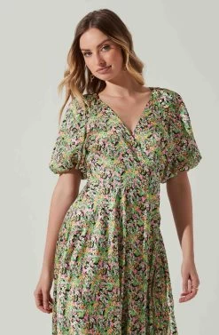 Satin Floral Bubble Sleeve Wrap Midi Dress 21 Satin Floral Bubble Sleeve Wrap Midi Dress -Chic Outfit Shop ADR101664 PINKGREENMULTI 4