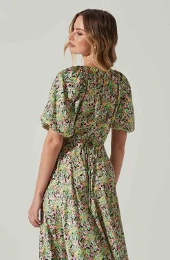 Satin Floral Bubble Sleeve Wrap Midi Dress 24 Satin Floral Bubble Sleeve Wrap Midi Dress -Chic Outfit Shop ADR101664 PINKGREENMULTI 5