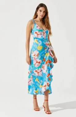 Satin Front Tie Wrap Floral Midi Dress -Chic Outfit Shop ADR101683 CAPRIBLUEFLORAL 2