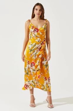 Satin Front Tie Wrap Floral Midi Dress -Chic Outfit Shop ADR101683 YELLOWFLORAL 1
