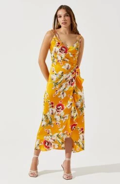 Satin Front Tie Wrap Floral Midi Dress -Chic Outfit Shop ADR101683 YELLOWFLORAL 2