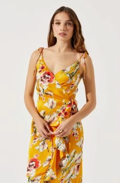 Satin Front Tie Wrap Floral Midi Dress -Chic Outfit Shop ADR101683 YELLOWFLORAL 3