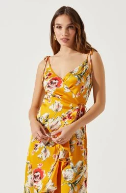 Satin Front Tie Wrap Floral Midi Dress -Chic Outfit Shop ADR101683 YELLOWFLORAL 4