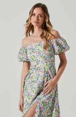 Off Shoulder Puff Sleeve Midi Dress -Chic Outfit Shop ADR101706 PURPLEMULTIFLORAL 4