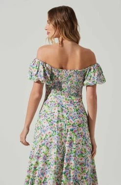 Off Shoulder Puff Sleeve Midi Dress -Chic Outfit Shop ADR101706 PURPLEMULTIFLORAL 5