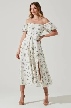 Off Shoulder Puff Sleeve Midi Dress -Chic Outfit Shop ADR101706 WHITEBLUEFLORAL 1