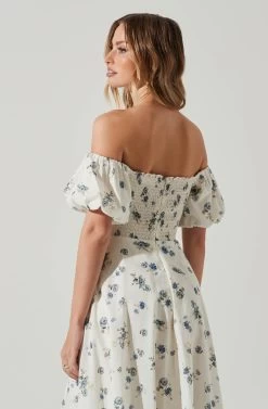 Off Shoulder Puff Sleeve Midi Dress -Chic Outfit Shop ADR101706 WHITEBLUEFLORAL 5
