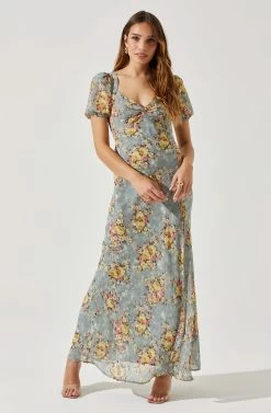 Sweetheart Neck Floral Twist Bust Maxi Dress 32 Sweetheart Neck Floral Twist Bust Maxi Dress -Chic Outfit Shop ADR101729 SLATEBLUEYELLOWFL 1