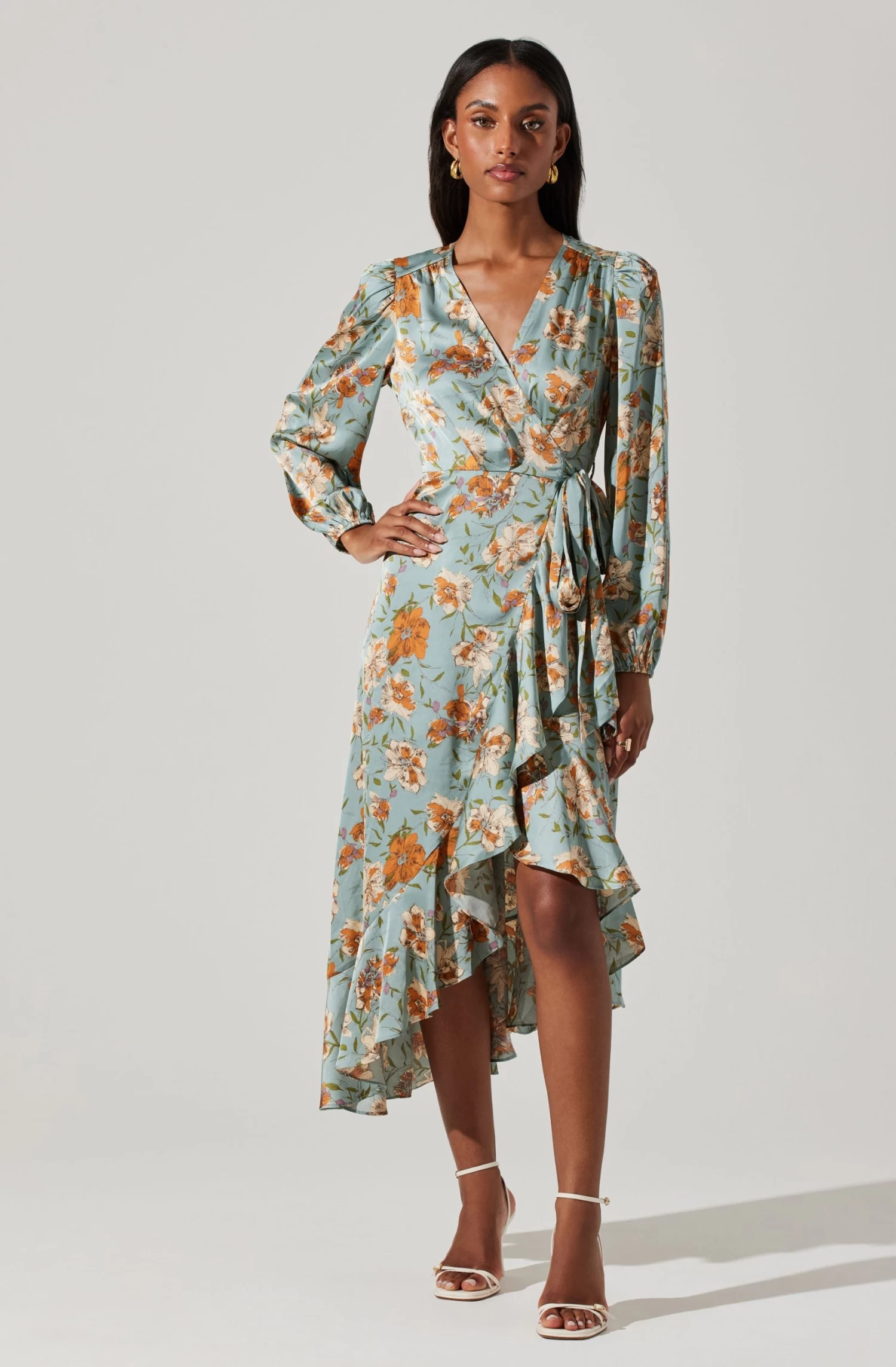 Floral Satin Wrap Long Sleeve Midi Dress 3 Floral Satin Wrap Long Sleeve Midi Dress