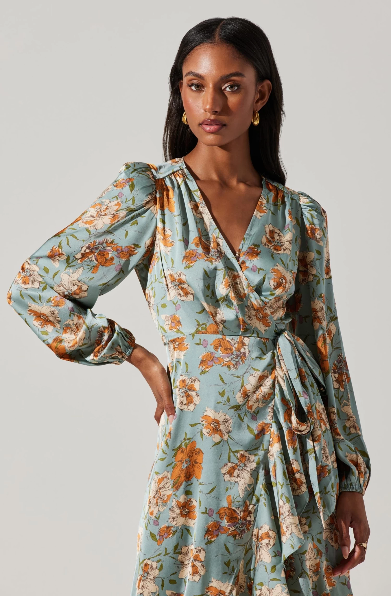 Floral Satin Wrap Long Sleeve Midi Dress 4 Floral Satin Wrap Long Sleeve Midi Dress - Image 2