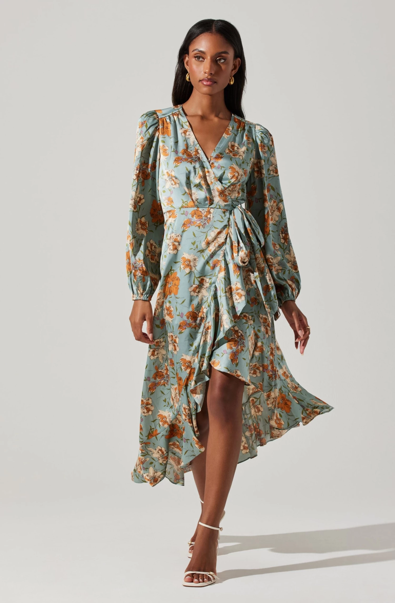 Floral Satin Wrap Long Sleeve Midi Dress 5 Floral Satin Wrap Long Sleeve Midi Dress - Image 3