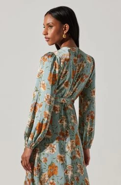 Floral Satin Wrap Long Sleeve Midi Dress 11 Floral Satin Wrap Long Sleeve Midi Dress -Chic Outfit Shop ADR101864 DUSTYBLUEMULTIFRL 5