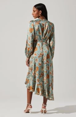 Floral Satin Wrap Long Sleeve Midi Dress 12 Floral Satin Wrap Long Sleeve Midi Dress -Chic Outfit Shop ADR101864 DUSTYBLUEMULTIFRL 6
