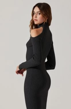 Cold Shoulder Mock Neck Midi Sweater Dress -Chic Outfit Shop ADR101869 CHARCOAL 6