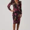 Floral Plunge Ruched Long Sleeve Midi Dress -Chic Outfit Shop ADR101911 MAGENTAMULTIFRL 1