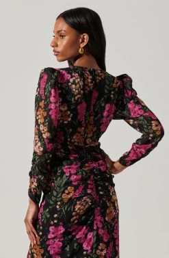 Floral Plunge Ruched Long Sleeve Midi Dress -Chic Outfit Shop ADR101911 MAGENTAMULTIFRL 5