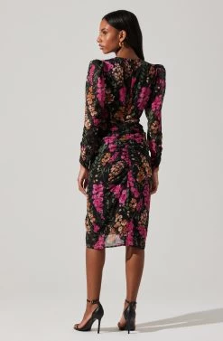 Floral Plunge Ruched Long Sleeve Midi Dress -Chic Outfit Shop ADR101911 MAGENTAMULTIFRL 6