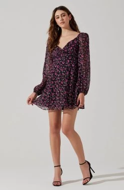 Long Sleeve A-line Mini Dress -Chic Outfit Shop ADR101954 FUCHSIABLACKFLORAL 2