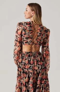 Floral Lace Back Long Sleeve Maxi Dress 12 Floral Lace Back Long Sleeve Maxi Dress -Chic Outfit Shop ADR102039 ORANGEBLACKFLORAL 2