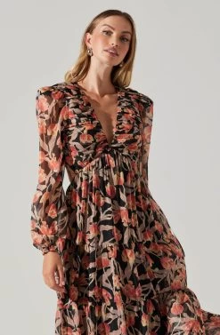 Floral Lace Back Long Sleeve Maxi Dress 11 Floral Lace Back Long Sleeve Maxi Dress -Chic Outfit Shop ADR102039 ORANGEBLACKFLORAL 5