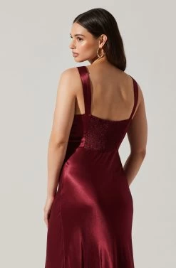 Aeris Satin Lace Trim Maxi Dress -Chic Outfit Shop ADR102254 WINE 4