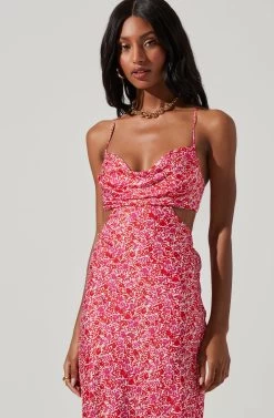 Colette Floral Satin Cutout Midi Dress -Chic Outfit Shop ALD44954B RED FUCHSIA FLORAL 0568