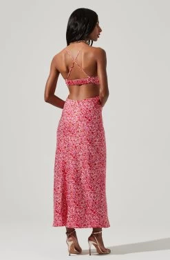 Colette Floral Satin Cutout Midi Dress -Chic Outfit Shop ALD44954B RED FUCHSIA FLORAL 0572