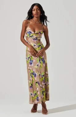 Colette Floral Satin Cutout Midi Dress -Chic Outfit Shop ALD44954B TAUPEORCHIDFLORAL 2