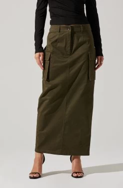 High Rise Cargo Maxi Skirt -Chic Outfit Shop AS9163 OLIVE 3