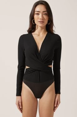 Long Sleeve Side Cutout Bodysuit -Chic Outfit Shop AT15120 BLACK 2