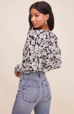 Drape Front Long Sleeve Bodysuit -Chic Outfit Shop AT15181 003 BLACKIVORYFLORAL 6