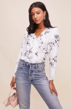 Drape Front Long Sleeve Bodysuit -Chic Outfit Shop AT15181 003 IVORYSKETCHFLORAL 5