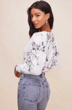 Drape Front Long Sleeve Bodysuit -Chic Outfit Shop AT15181 003 IVORYSKETCHFLORAL 7