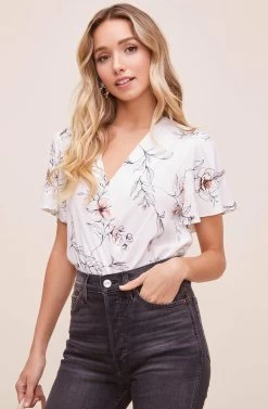 Flutter Sleeve Surplice Floral Top -Chic Outfit Shop AT15688B WHITE PINK SKETCH FLORAL 4