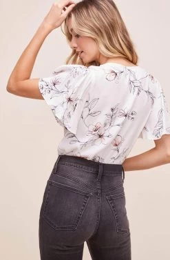 Flutter Sleeve Surplice Floral Top -Chic Outfit Shop AT15688B WHITE PINK SKETCH FLORAL 7